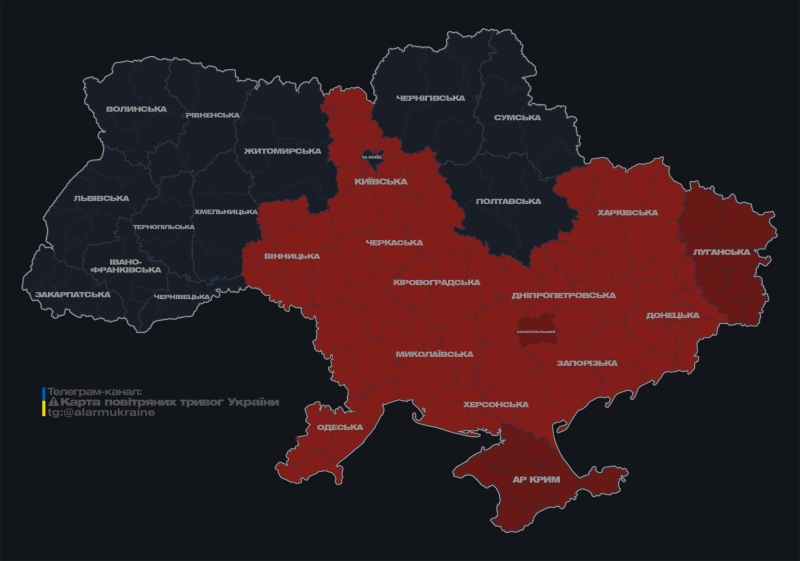 В Україні масштабна повітряна тривога тривала майже пів години