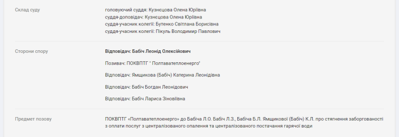 Родина Катерини Ямщикової судиться із Полтаватеплоенерго за борг у 26 тисяч гривень