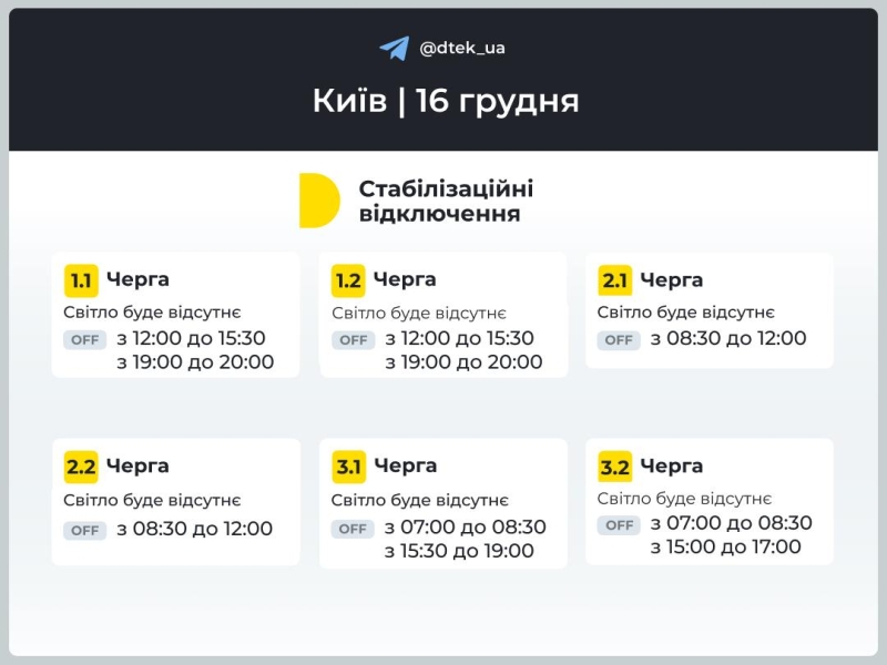 Відключення світла в Києві та області 16 грудня: як діятимуть графіки