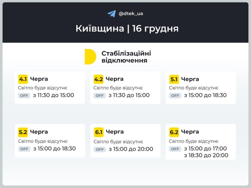 Відключення світла в Києві та області 16 грудня: як діятимуть графіки