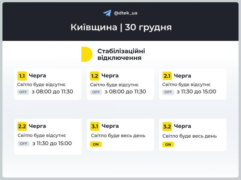 Графік відключення електроенергії на 30 грудня: коли не буде світла у понеділок